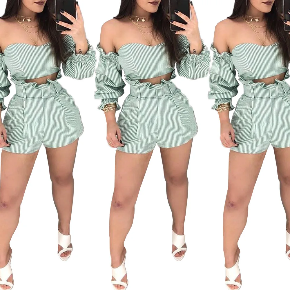 

Women 2 Piece Set Clothing Striped off shoulder Sexy Bodycon Ladies two Piece shorts Set, Photo color