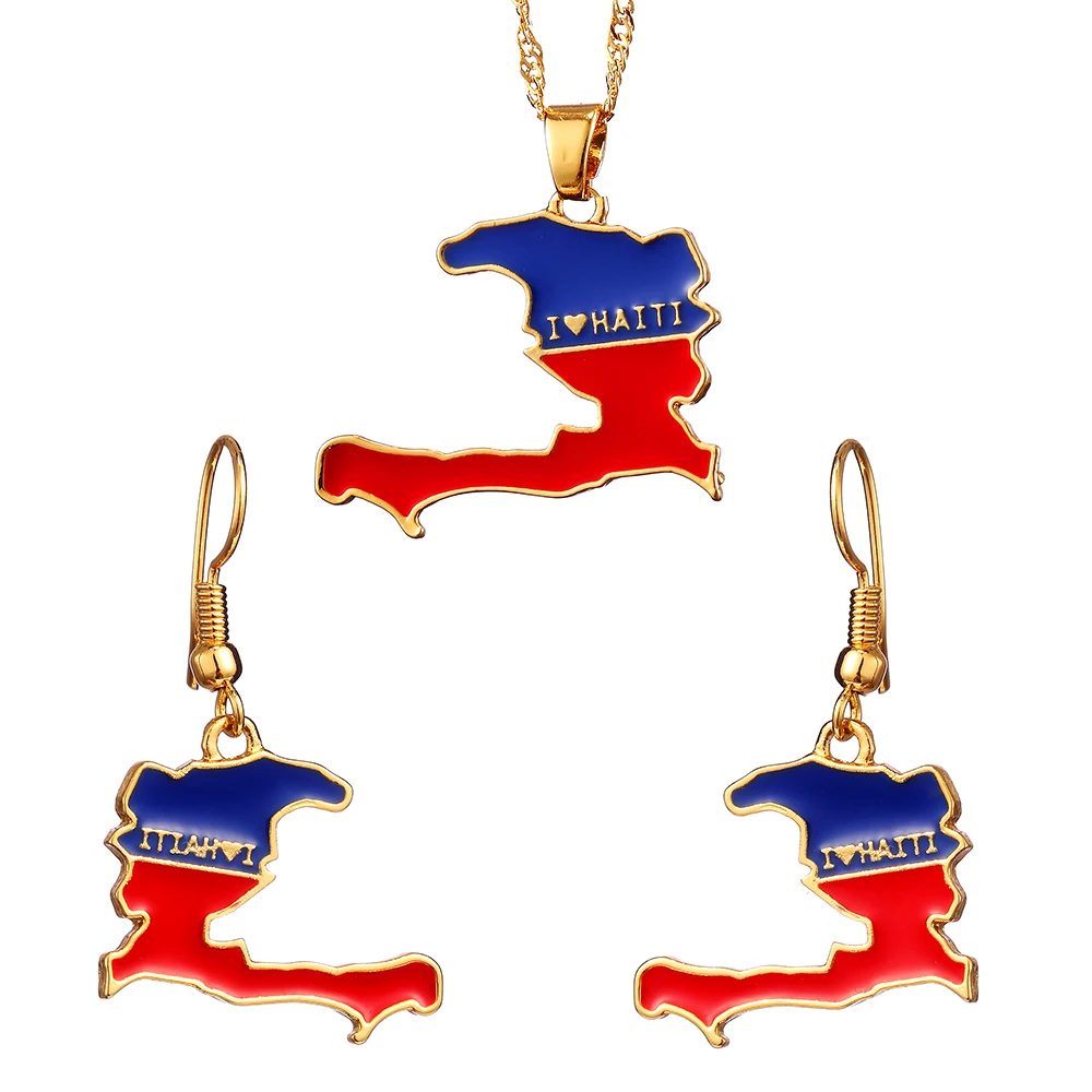 

Ethlyn 24K Gold Plated Haiti Map Flag Earrings Necklaces Jewelry Sets for Women HaitiJewelry Patriotic celebration Gift S219