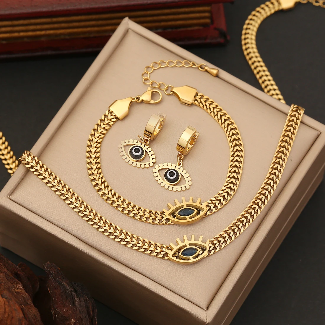 2023 Stainless Steel Evil's Eye Flat Chain Necklace Fashion Jewelry Set Stainless Steel for Women