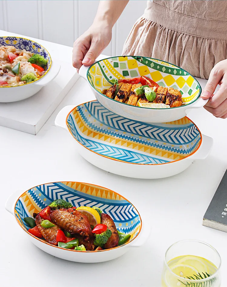 

Popular Bohemian Ceramic Plates Dinner  Binaural Baking Dishes, Colorful