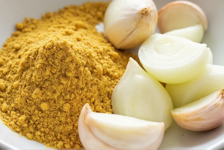 Close-up of asafoetida powder next to garlic cloves and onion pieces for substitution comparison