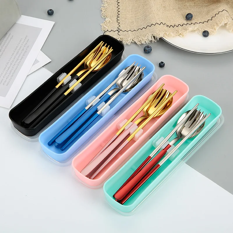 

High Quality Reusable Colorful Spoons Forks Chopsticks Travel Flatware Set Korean Stainless Steel Portable Cutlery Set With Case, Pink/silver/gold/red/black/blue