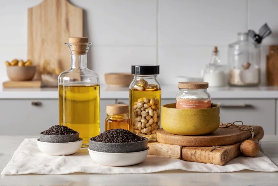 Various black seed products including whole seeds, oil bottle, and capsules arranged on kitchen counter