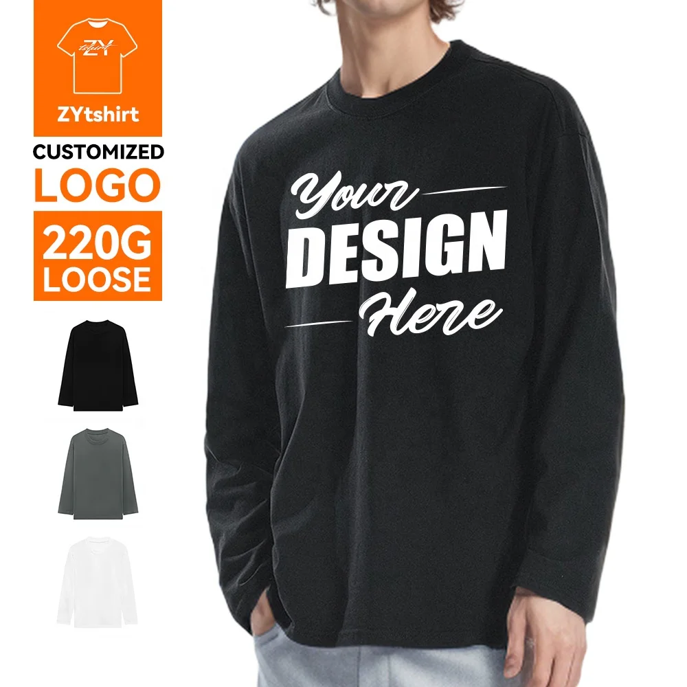 ZYtshirt Wholesale 220sm Custom Printed 220GSM 100% Cotton Long Sleeve T-Shirt with Logo Printing for Casual Wear