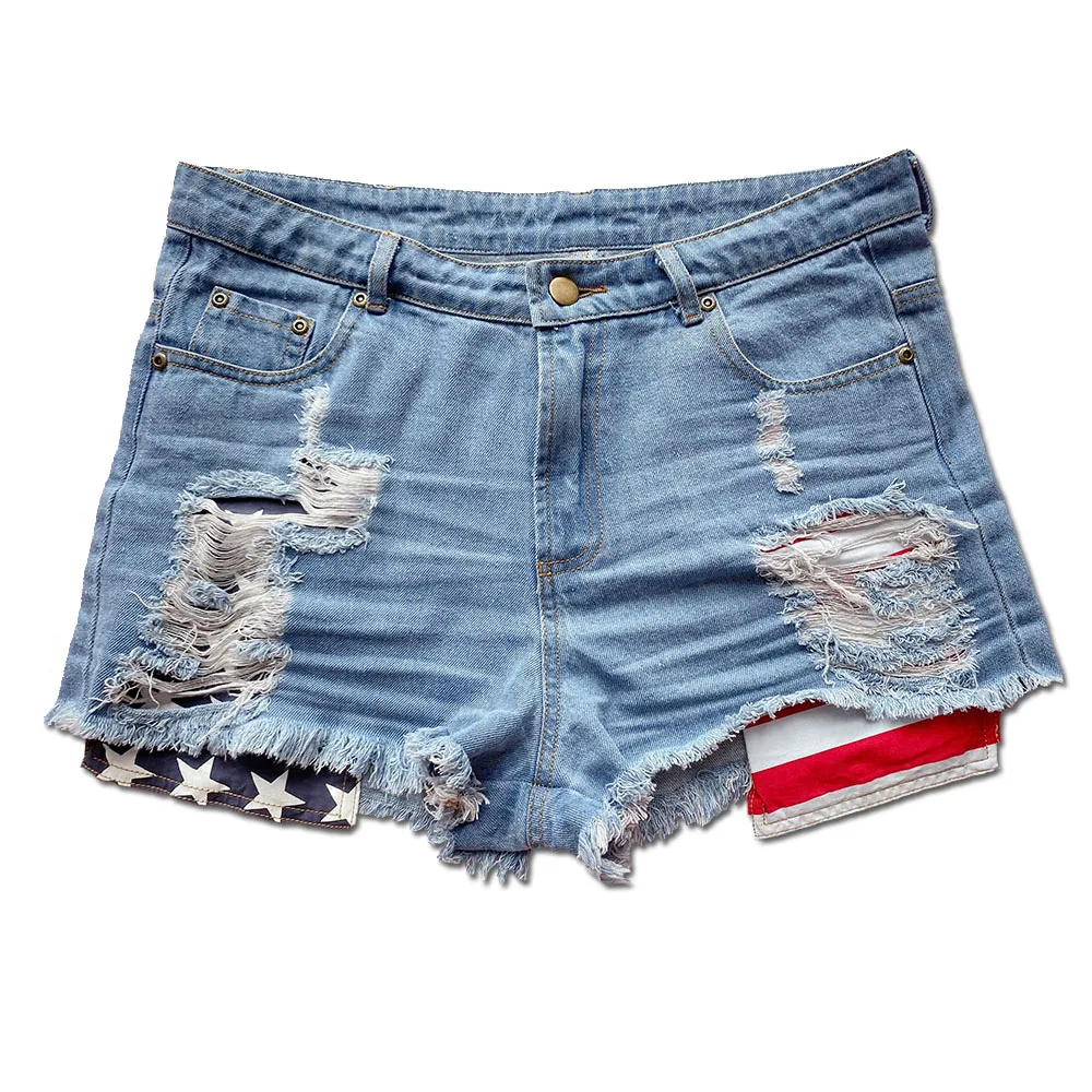 

Wholesale Distressed 4th July Flag Women Denim Jeans Shorts Support OEM custom denim jean Shorts for women, #1