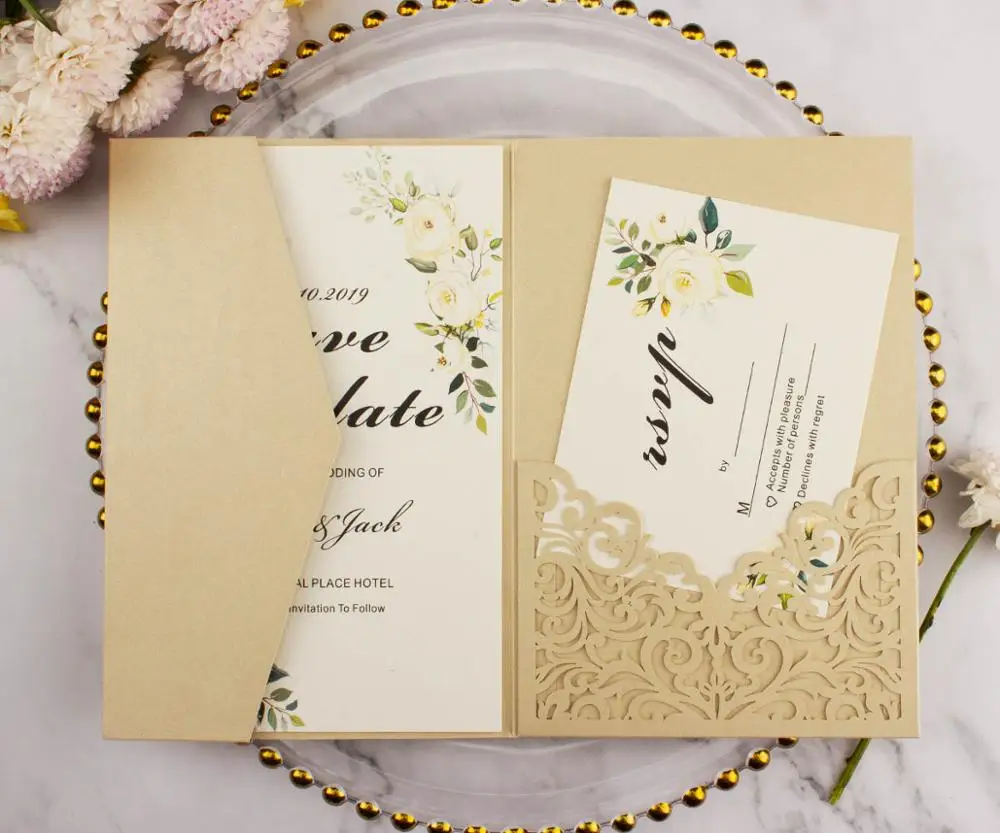 

Luxury pocket champagne wedding invitation card Laser Cut trifold invitations greeting Cards For wedding birthday Decoration