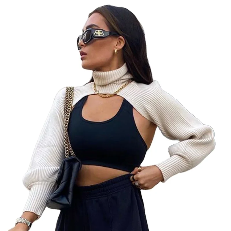 

2021 Spring New Arrivals Turtleneck Hollow Out Cropped Smock Pullover Long Sleeve Women Sexy Tops, Black / khaki