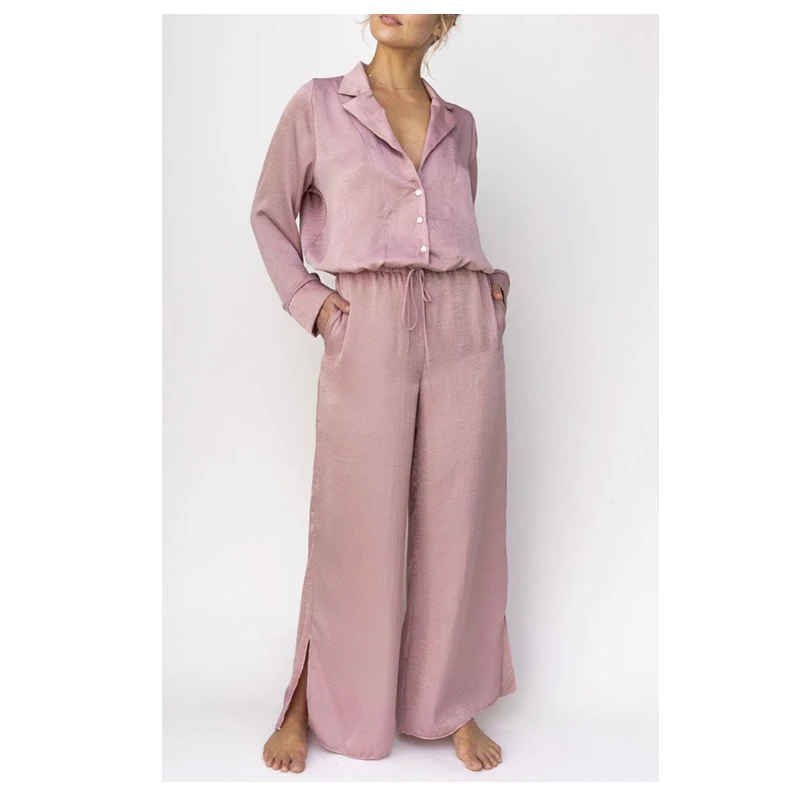 

Long sleeve drawstring button blouse women wide leg lounge wear pants set, Pink