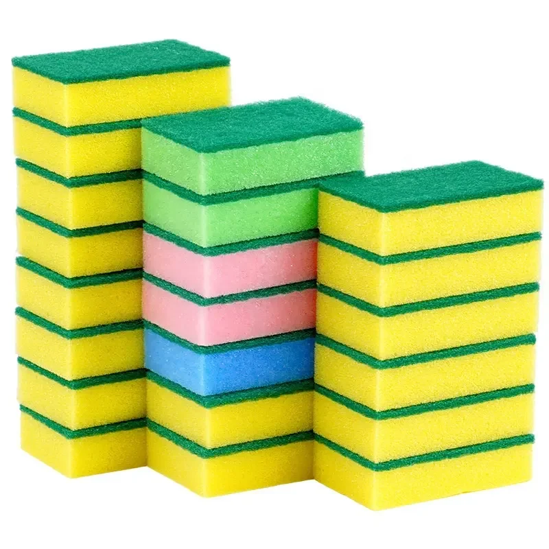 

Wholesale Cheap household double side kitchen cleaning sponge block green yellow washing sponge scouring pad dish-washing sponge