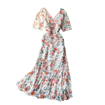 

2021 Customized Tags Spring Summer Women Fashion Floral Printed Maxi Pleated Dress