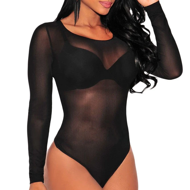 

Wholesale Custom Black Sexy Transparent Sheer Mesh Long Sleeve Bodysuit, Black/white/pink/nude/royal blue