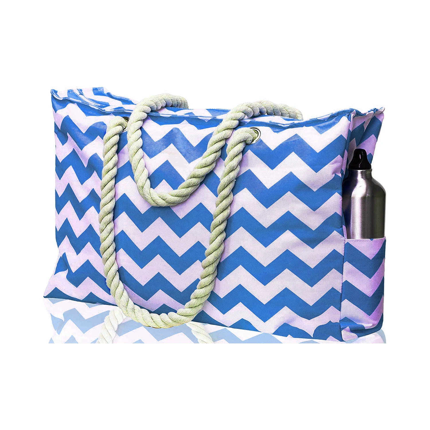 

Wholesale Beach Handbags Monogrammed  Women's Fashion Cotton Rope Handles Canvas Blue Stripe Beach Tote Bags, As pics show