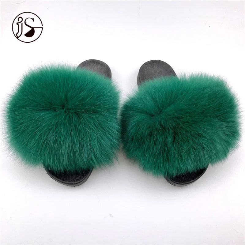 

EVA sole fluffy fancy colorful custom furry slippers stitching women sandals 100% Real comfy Fox Fur slippers 2021, Picture