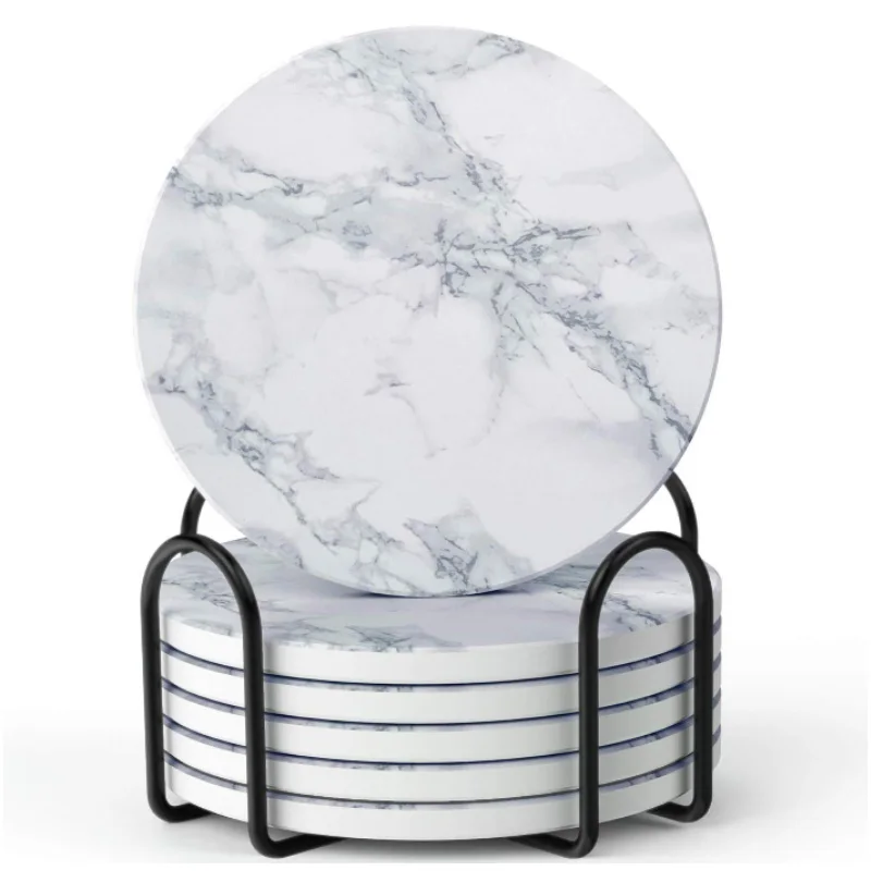

Amazon Custom Design Round Hexagon Water Absorbent White Marble Ceramic Cup Coaster Holder Set