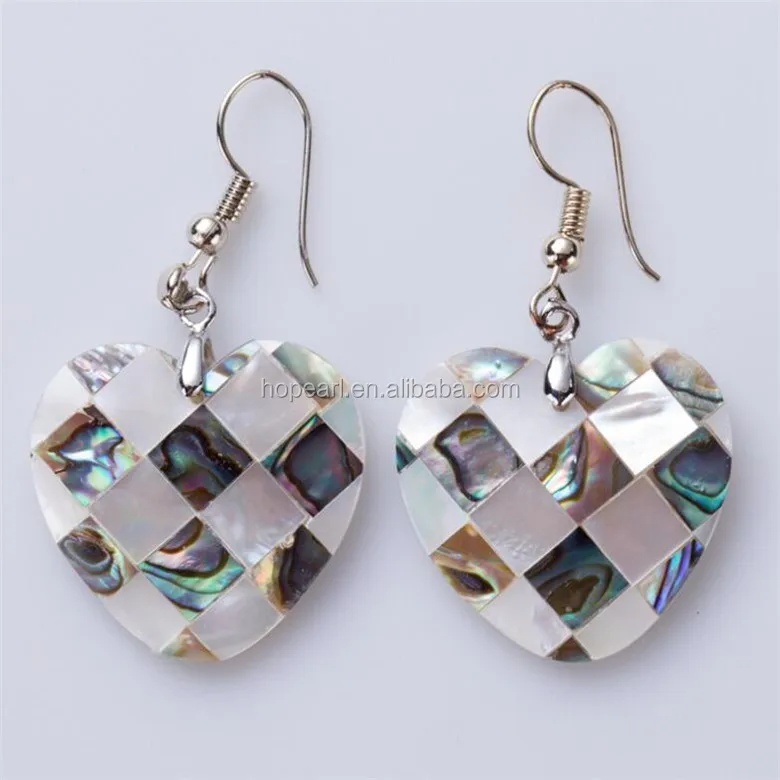 

MOP76 Paua Shell and White Shell Jewellery Plaid Heart Shape Abalone Shell Drop Dangle Earrings