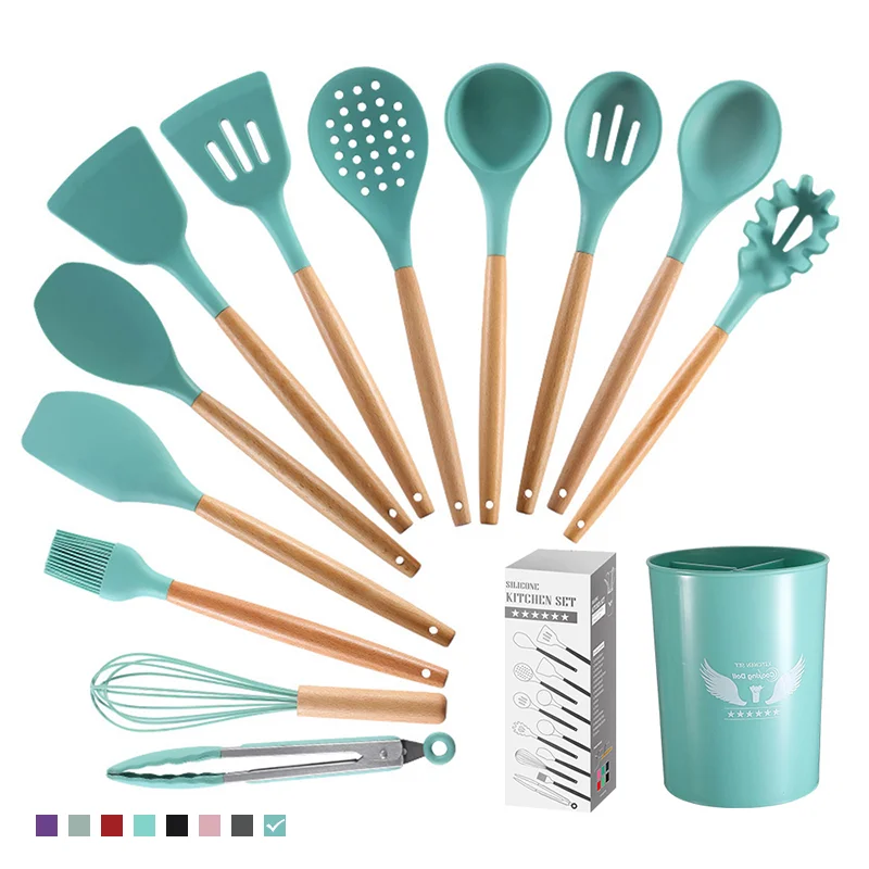 

12 Pieces Set Kitchen Accessories Cooking Tools Stand Kitchenware Spatula Silicone Cooking Tools Utensil Sets With Barrel, Colorful