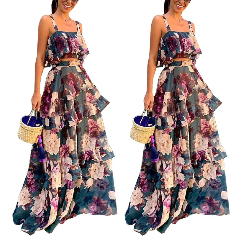 

New arrival suspender top long dress sets vintage elegant summer beach maxi bohemia two piece set women clothing dresses