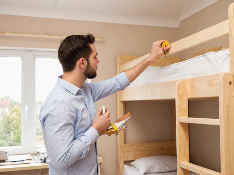 Professional inspecting DIY bunk bed with measuring tape and clipboard