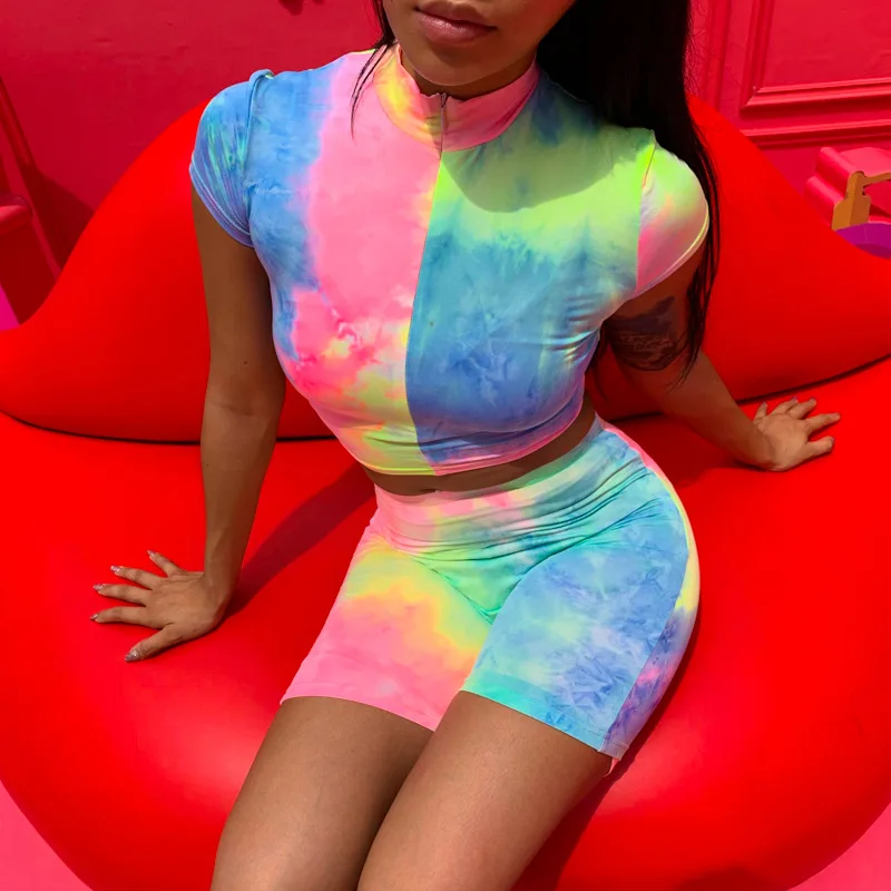 

Custom women shirts and shorts two piece set shorts tie dye short sets, As pic shown and support oem