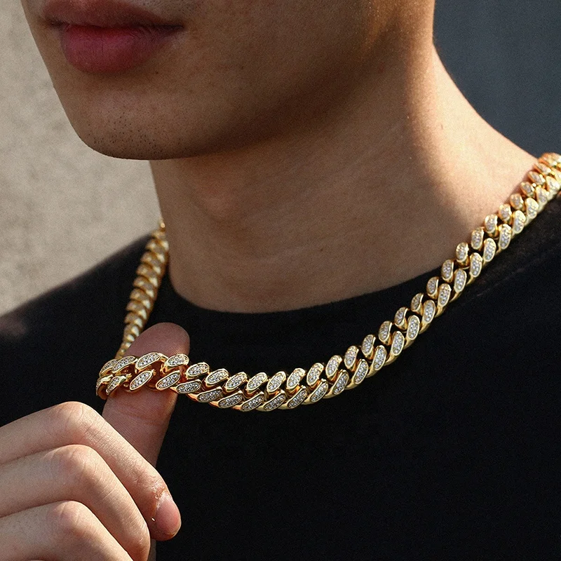 

Hip Hop Jewelry Men's Necklace Bracelet Zircon Gold Silver Plated Miami Cuban Link Chains Diamond Men, Gold/silver/pink