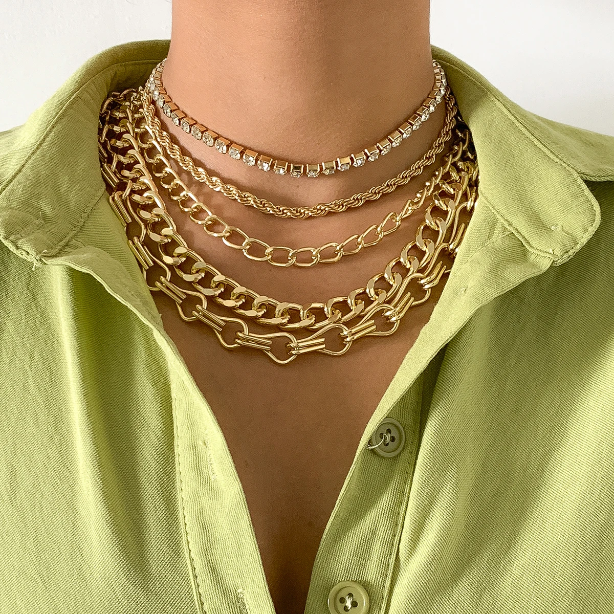 

SHIXIN Hip Hop Link Chain Layered Necklace Shiny Crystal Twist Rope Chain Necklace Punk Gold Jewelry Choker Necklace for Women