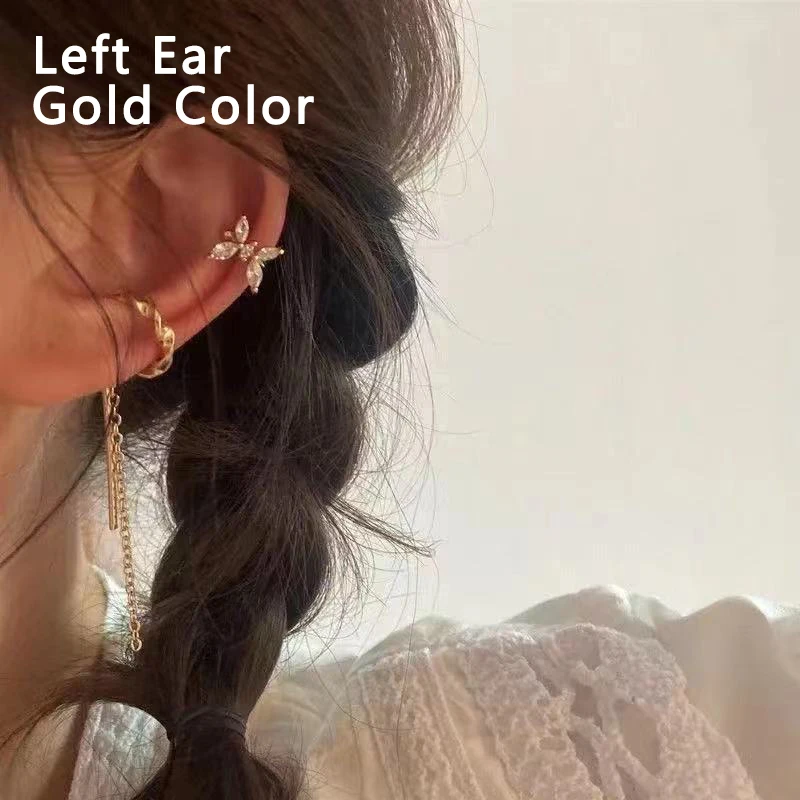 

Fancy Design Gold Silver plated Butterfly Earbone Clip Crystal Chain Tassel Long Ear Cuff Earrings Set for Women Jewelry