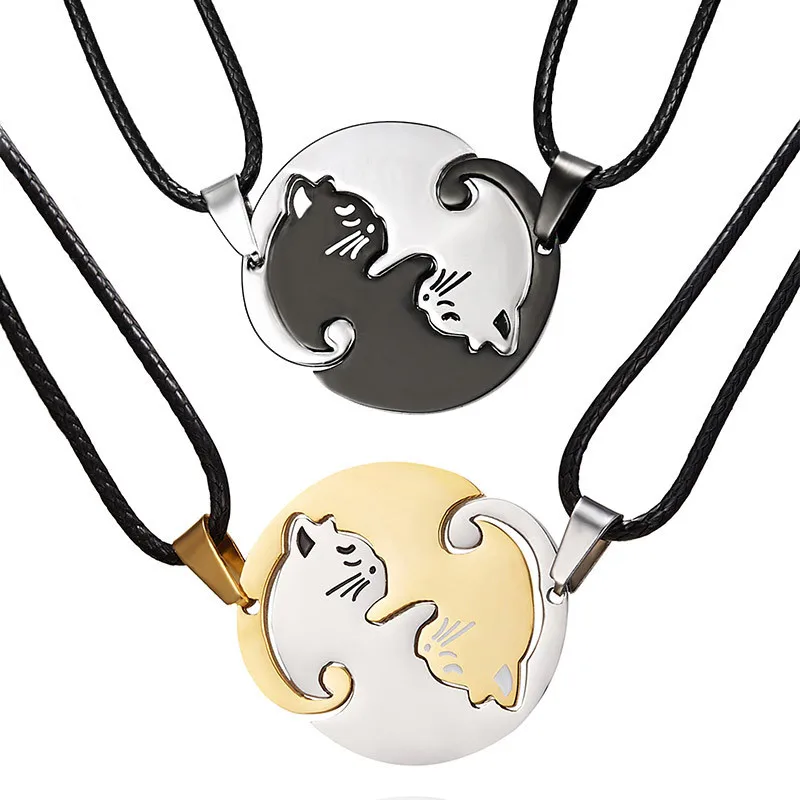 

Wholesale Simple Stainless Steel Animal Cat Pendant necklace Black and White Love Cat Embrace the Round Couple Splash necklace, Gold,silver,rose gold