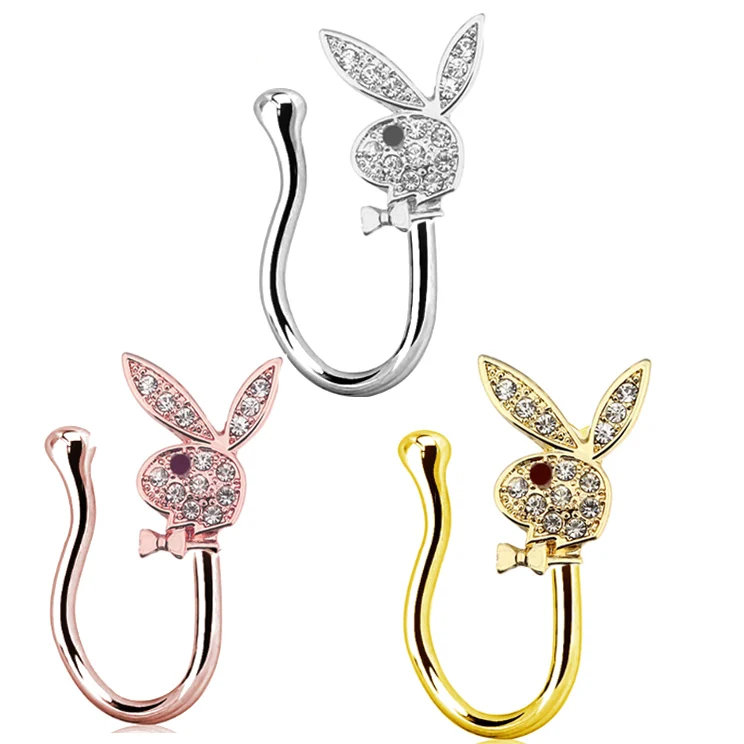 

Wholesale 18k gold plated copper bunny faux nose ring cute rabbit nose cuff Zircon Non Piercing clip false nose rings, 3 colors