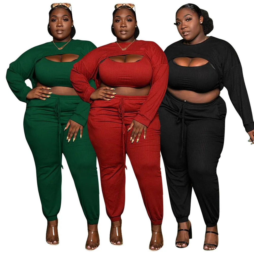 

OR-N7345 Womens plus size clothing fashion long sleeves sexy chest opening hollow solid color suit pit strip three-piece suit, Red, black, green