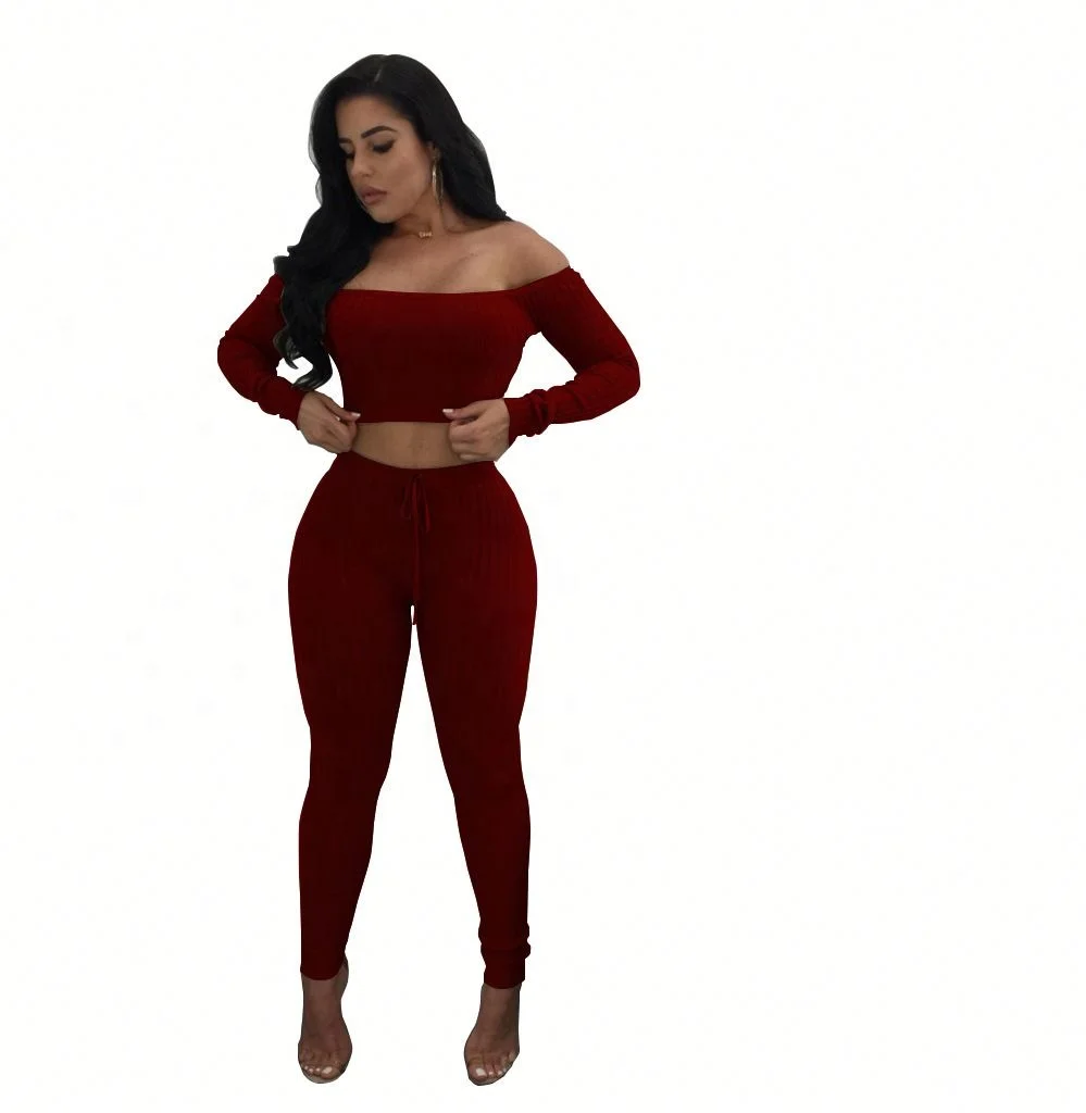 

Women Nightclub Sexy One-shoulder Top Set Sportweat Tracksuit Solid Color 2 Pieces Set in Stock, Picture
