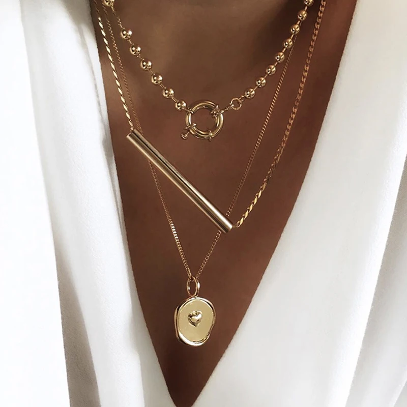 

3Pcs/Set Long Bar Coin Necklaces Small Beads Toggle Clasp Choker Necklaces for Women Minimalist Layered Medallion Necklaces, Gold