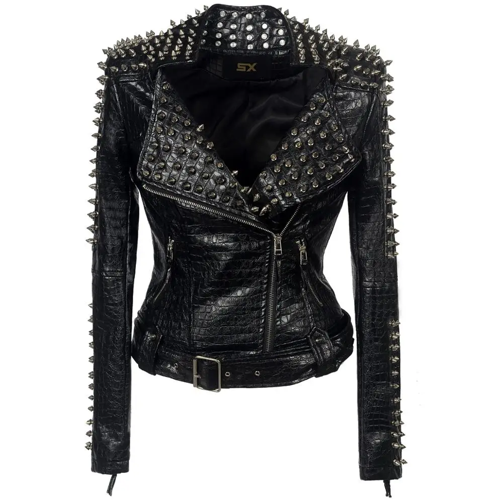 

Faux leather PU Jacket Punk Rivet Women fashion Winter AutumnMotorcycle Jacket Black faux leather Coat Outerwear Punk