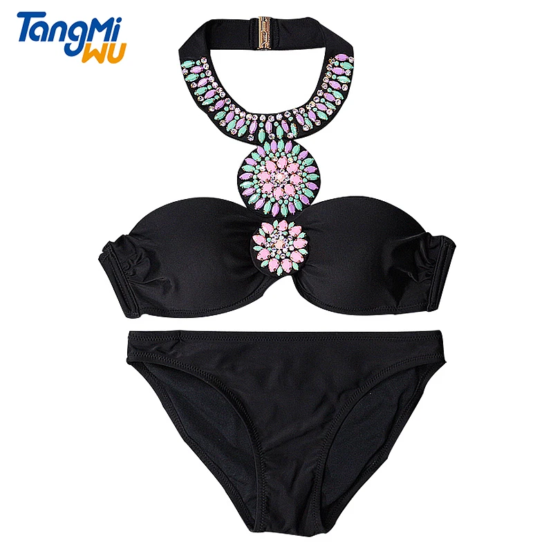 

Wholesale new style girls halter neck swimsuit split sexy bathing suit woman swimwear beach wear rhinestone swim wear bikini