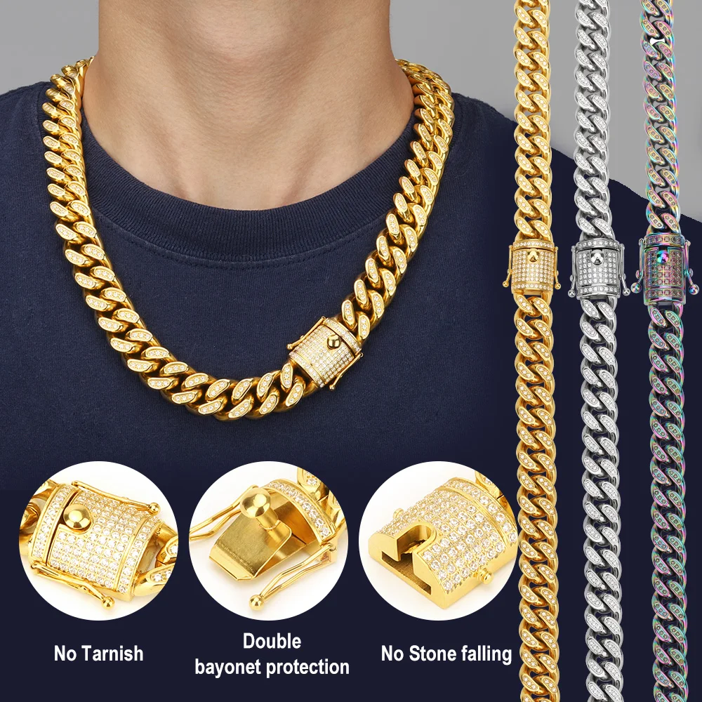 

Stainless Steel Gold Plated HipHop Jewelry Heavy Miami Cuban Link Chain Necklace With Full CZ Stone diamond