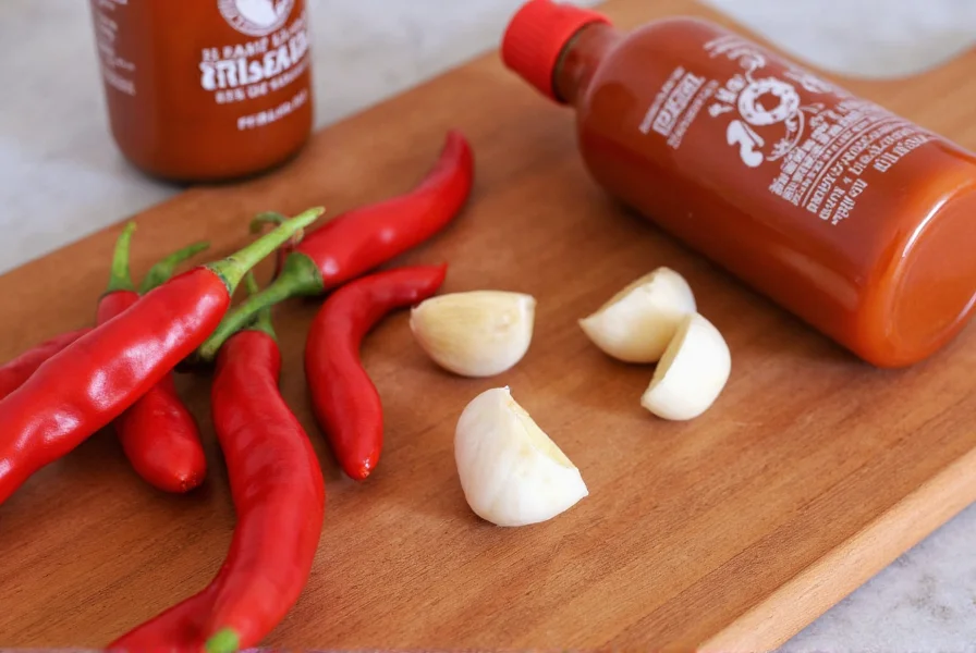 Sriracha bottle next to fresh red chilies and garlic cloves on wooden cutting board