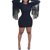 

Black long sleeve fringe embellished women sexy bodycon dress for night club