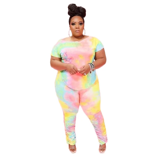 

long pants pleated two-piece suit Explosion style women's plus size tie-dye