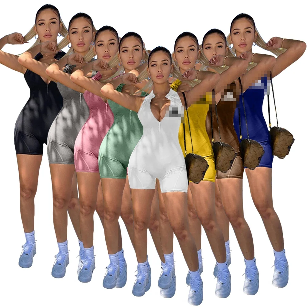 

Hot Sale Solid Sleeveless V Neck Women Workout Breathable Skinny Short Jumpsuit