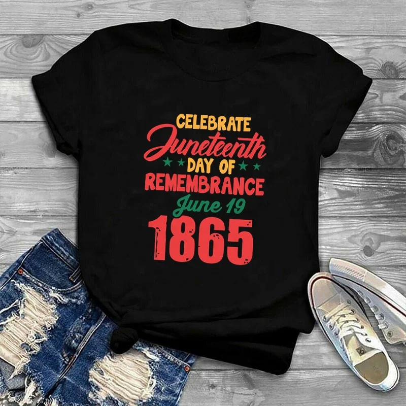

Wholesale Juneteeth Celebration Graphic T-shirt 100 Cotton Loose O Neck Vintage Custom Print Woman Tshirt, Black white gray dark blue red