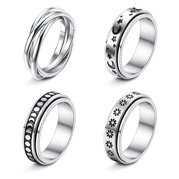 

New Rotatable Stainless Steel Punk Ring Star Moon Flower Stress Relieving Rings Anxiety Fidget Spinner Ring for Women