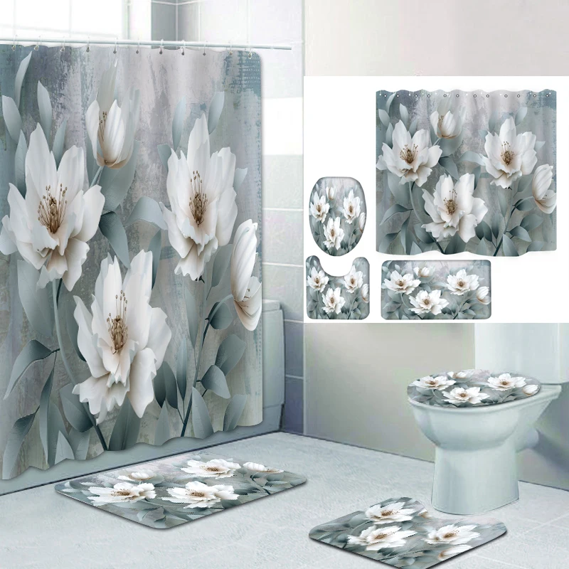 

180x180cm customizable partition bathtub shower curtain bathroom non-slip gray leaf white flower mat four-piece toilet set, Picture