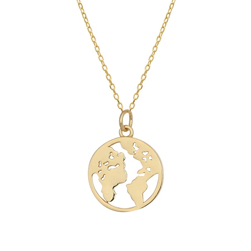 

Travelling Gift 925 Sterling Silver Gold Round Hollow Globe World Map Pendant Necklaces for Womens
