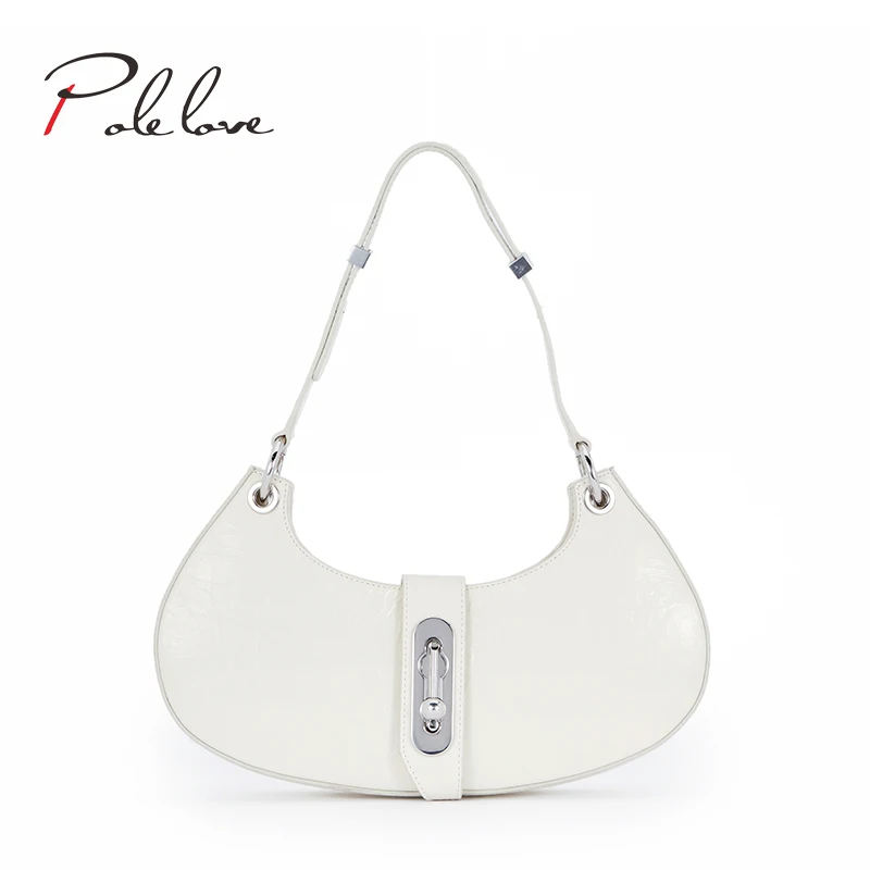 

designer French underarm bag creative lock moon bag natural high-quality first layer cowhide handbag, White