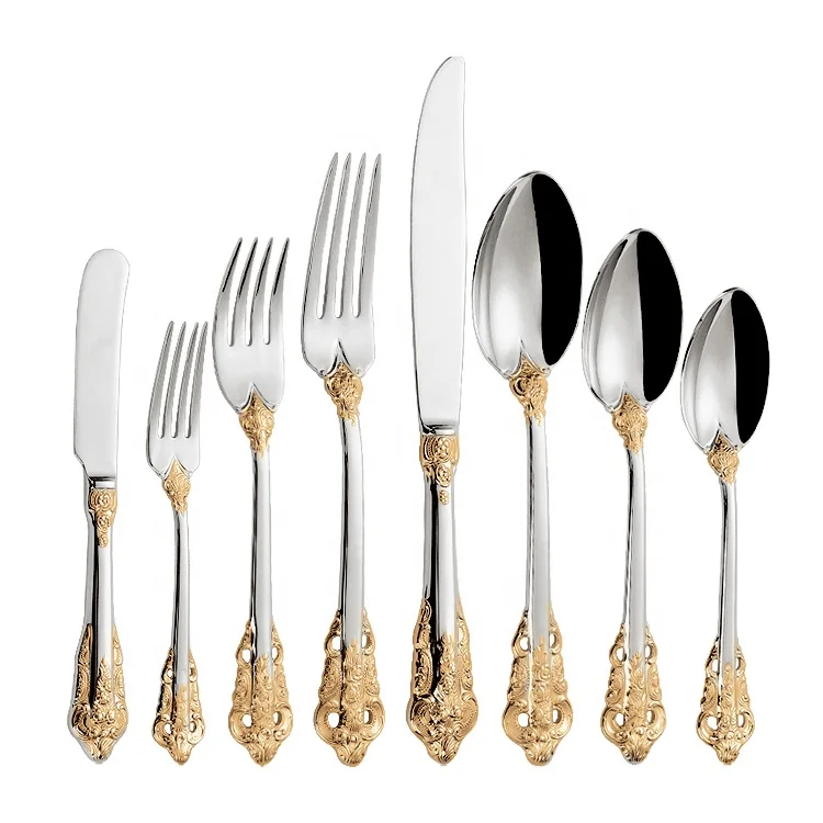 

Gorgeous 18/10 Stainless Steel Flatware Set Silver Plated With Gold Accents Elegant Baroque Pattern Cutlery Set