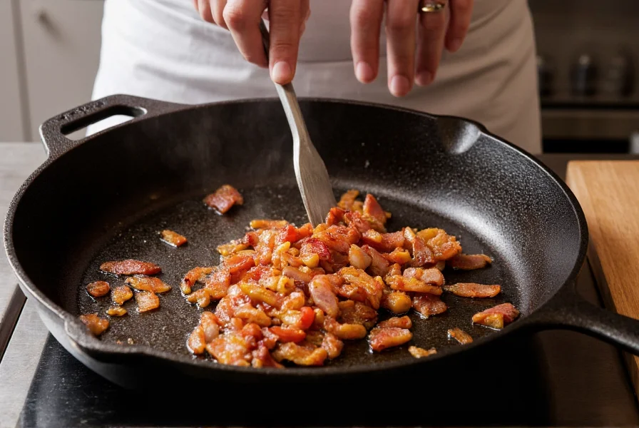 Chef preparing pepper bacon in a cast iron skillet with visible pepper coating sizzling in rendered fat