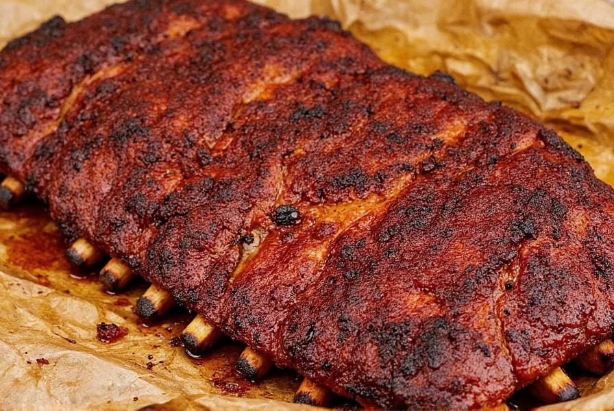 Perfectly cooked slow cooked dry rub ribs on baking sheet showing tender texture