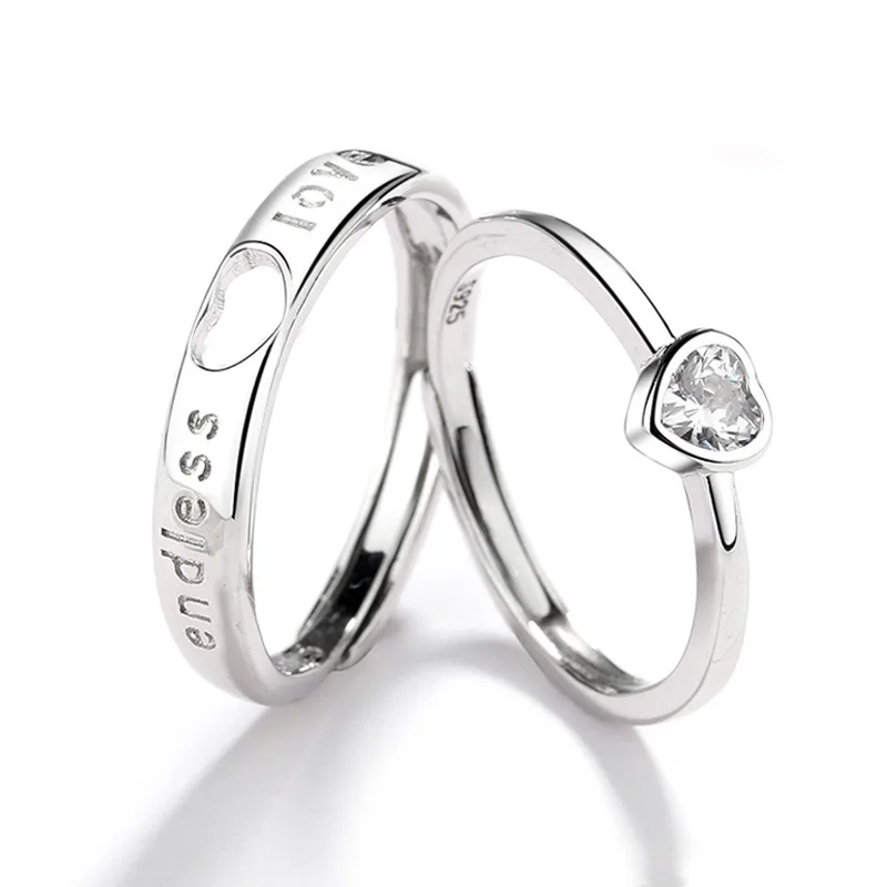 

Simple S925 Sterling Silver Double Heart Couple Rings Meaning Jewelry Set