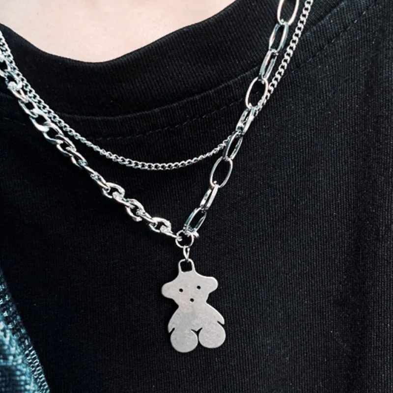 

00289-8-8 New double-layer Bear Necklace hip hop titanium steel long clavicle chain girls' versatile sweater accessories