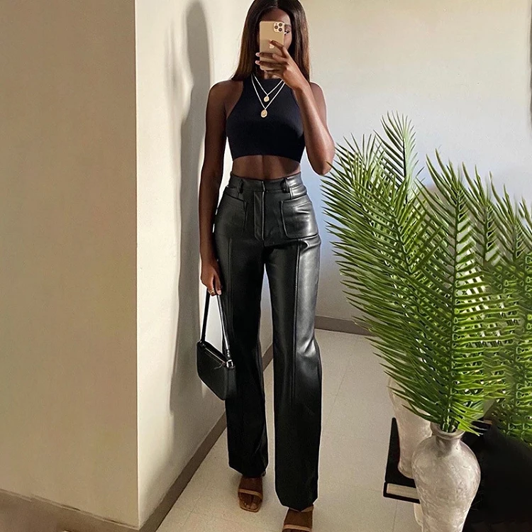 

2021 spring trendy fashion ladies trousers womens faux leather wide leg pants casual PU leather pants for women