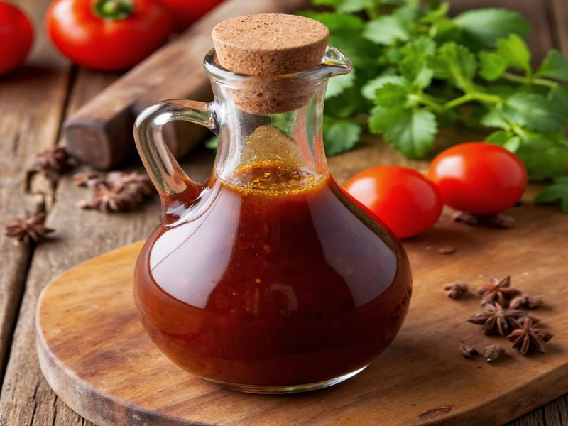 Homemade Worcestershire sauce in glass bottle with spices
